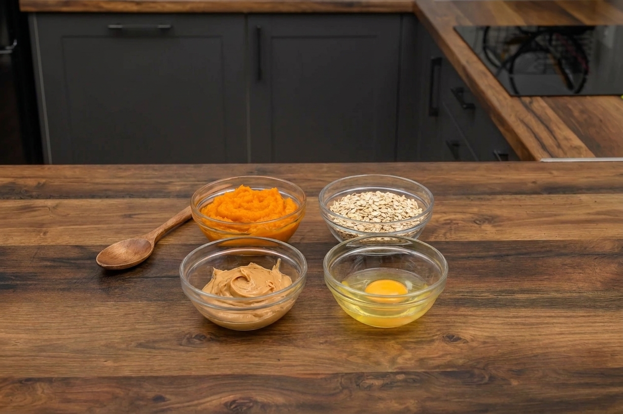 Measured ingredients for dog treats including pumpkin puree, rolled oats, peanut butter, and an egg arranged in small bowls on a kitchen counter