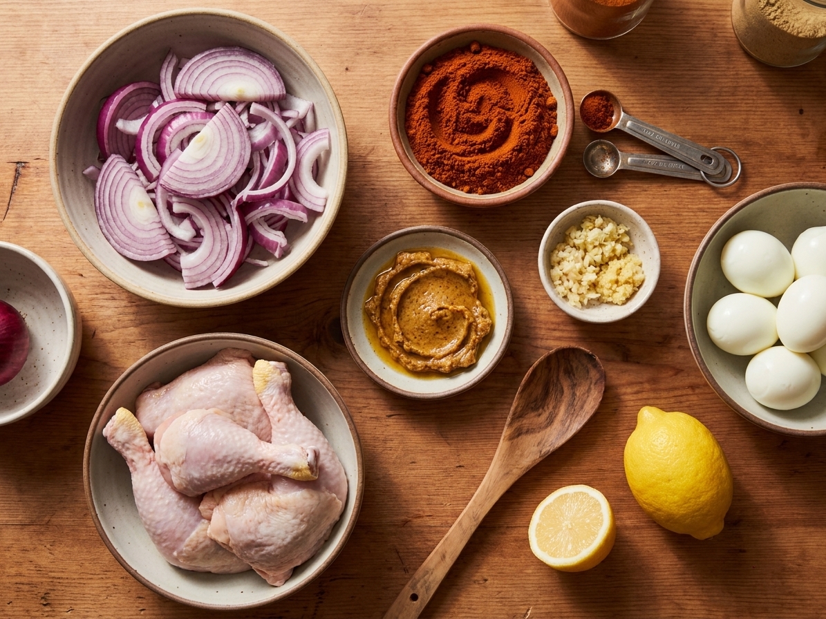 Measured ingredients for doro wat on a kitchen counter including sliced onions, chicken pieces, berbere spice, butter, garlic, ginger, lemon, and hard-boiled eggs