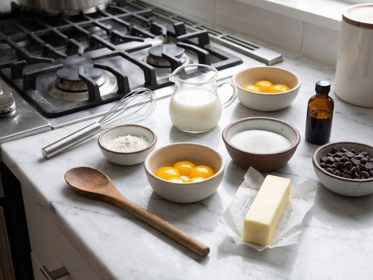 Measured ingredients for eclairs on a clean kitchen counter, including butter, eggs, flour, milk, sugar, vanilla, and chocolate