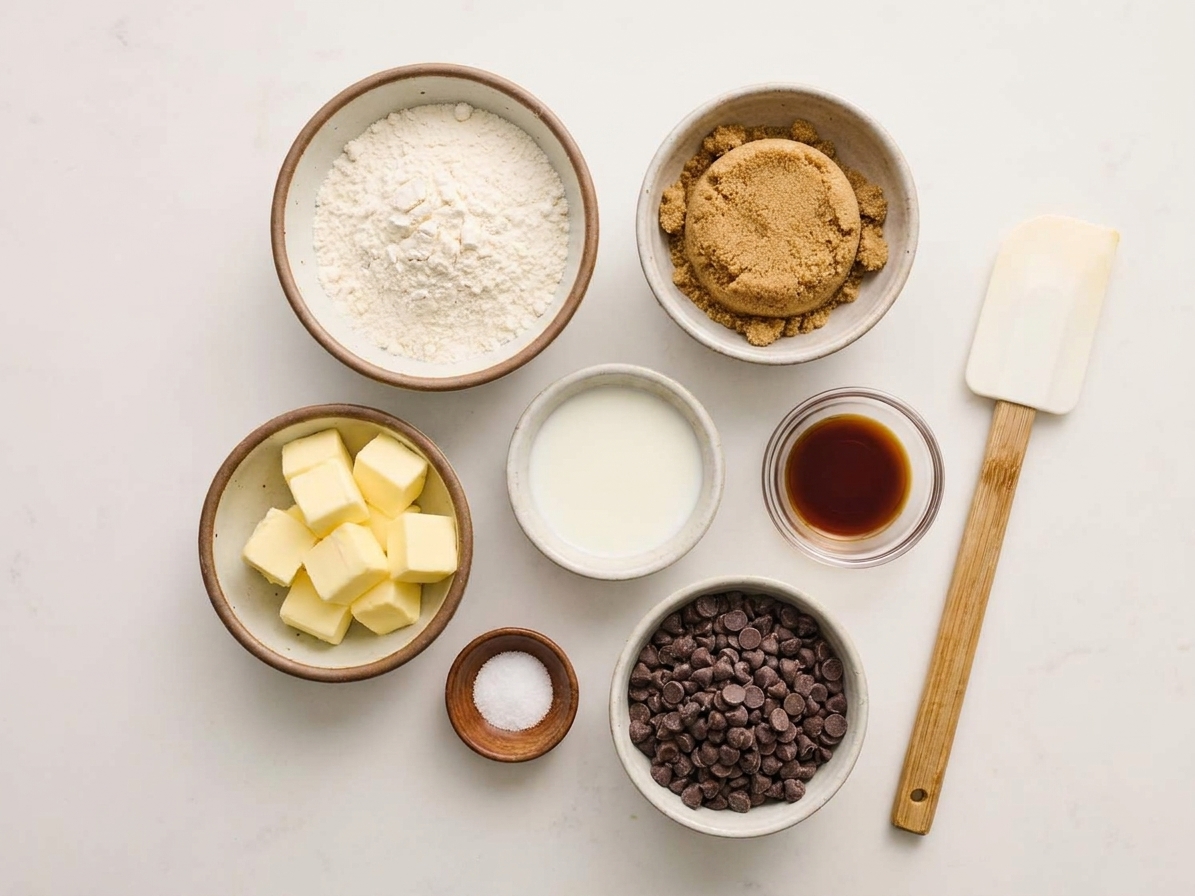 Measured ingredients for edible cookie dough including flour, brown sugar, butter, milk, vanilla, salt, and chocolate chips arranged on a kitchen counter in small bowls