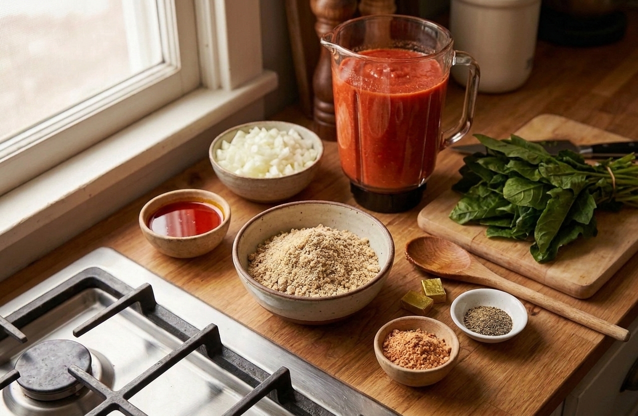 Measured ingredients for egusi soup arranged on a kitchen counter, including ground egusi, palm oil, blended peppers, onions, stock, spices, and leafy greens