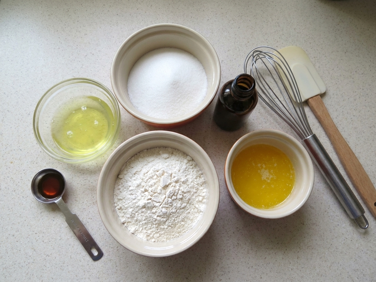 Measured ingredients for fortune cookie batter on a kitchen counter including egg whites, sugar, flour, vanilla, and melted butter
