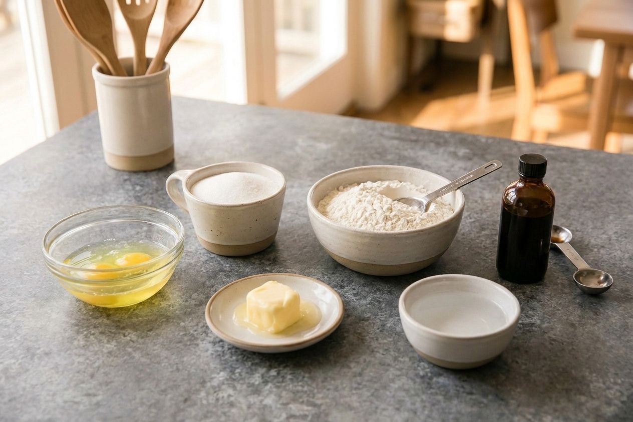 Measured ingredients for fortune cookies on a clean kitchen counter, including egg whites, sugar, flour, vanilla, butter, and a small bowl of water