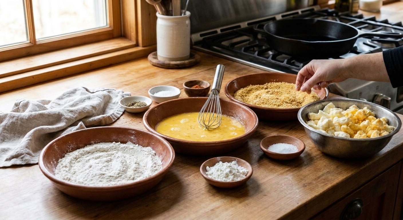 Measured ingredients for fried cheese curds on a bright kitchen counter, including cheese curds, flour, eggs, milk, breadcrumbs, spices, and a small bowl of cornstarch