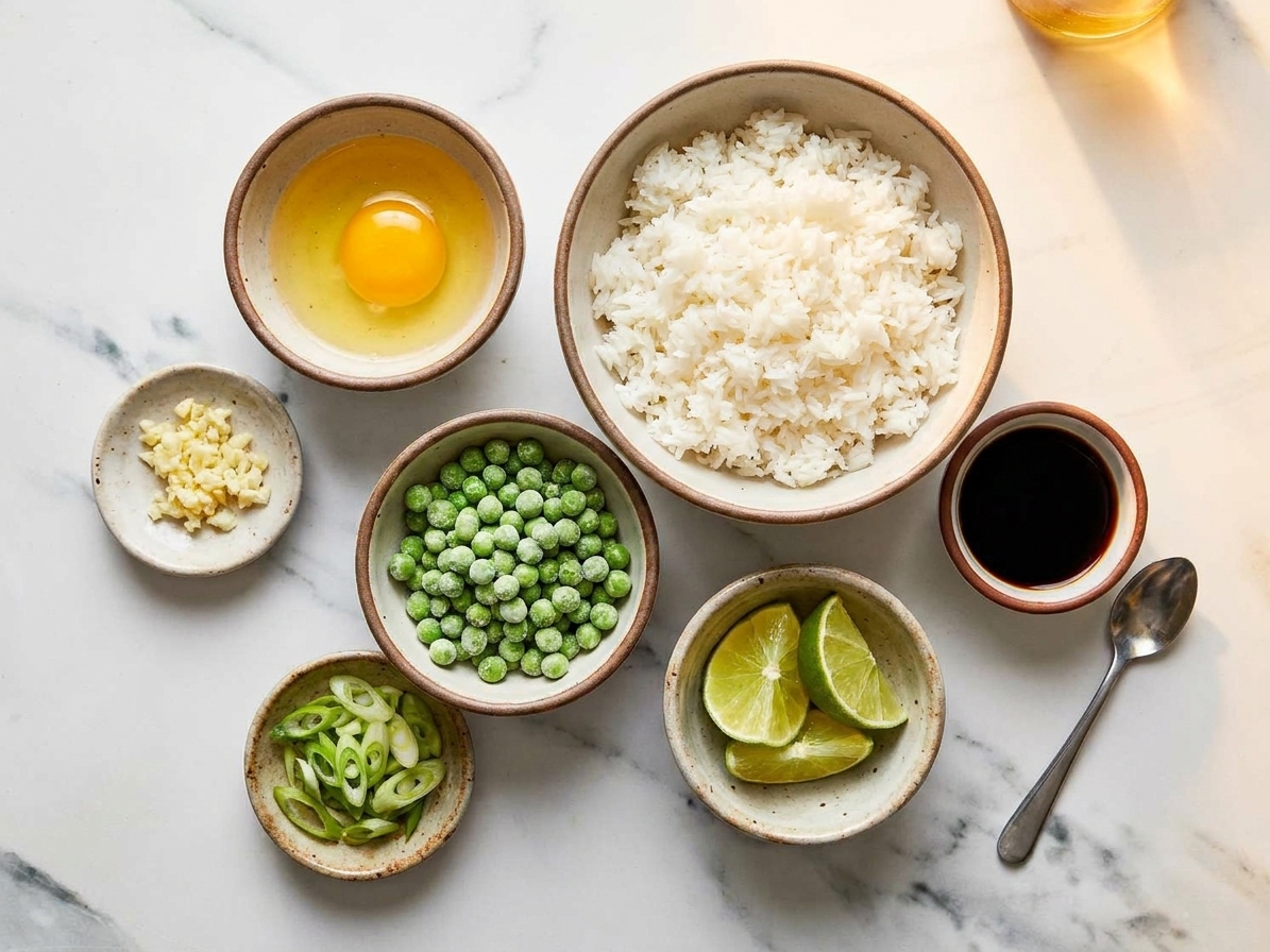 Measured ingredients for fried rice for one on a kitchen counter, including cooked rice, egg, soy sauce, lime, frozen peas, garlic, and scallions in small bowls under warm light