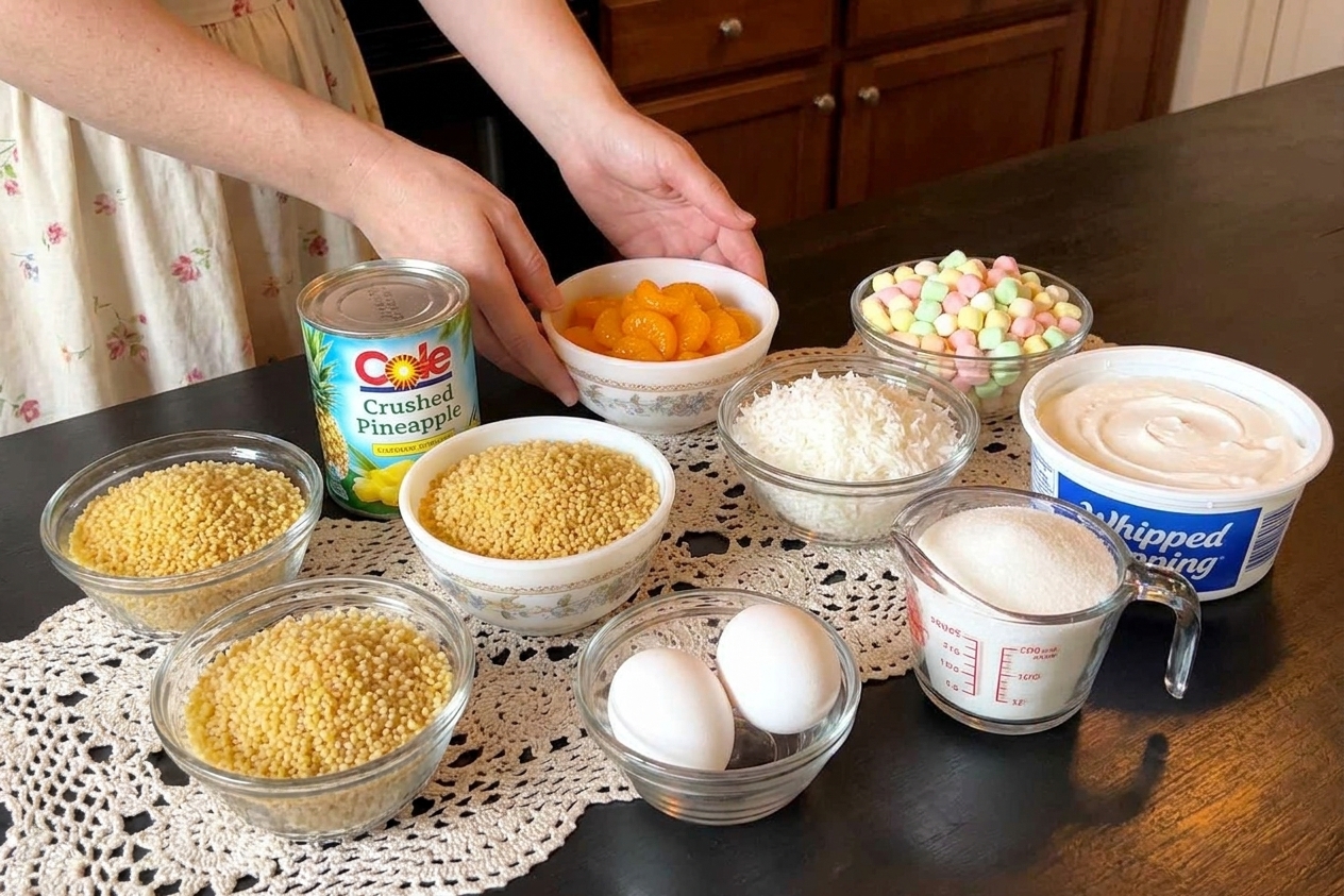 Measured ingredients for frog eye salad on a kitchen counter including acini di pepe pasta, crushed pineapple, mandarin oranges, mini marshmallows, shredded coconut, eggs, sugar, and a tub of whipped topping