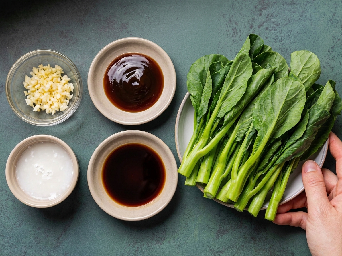 Measured ingredients for gai lan including minced garlic, oyster sauce, soy sauce, cornstarch slurry, and trimmed Chinese broccoli arranged on a clean kitchen counter