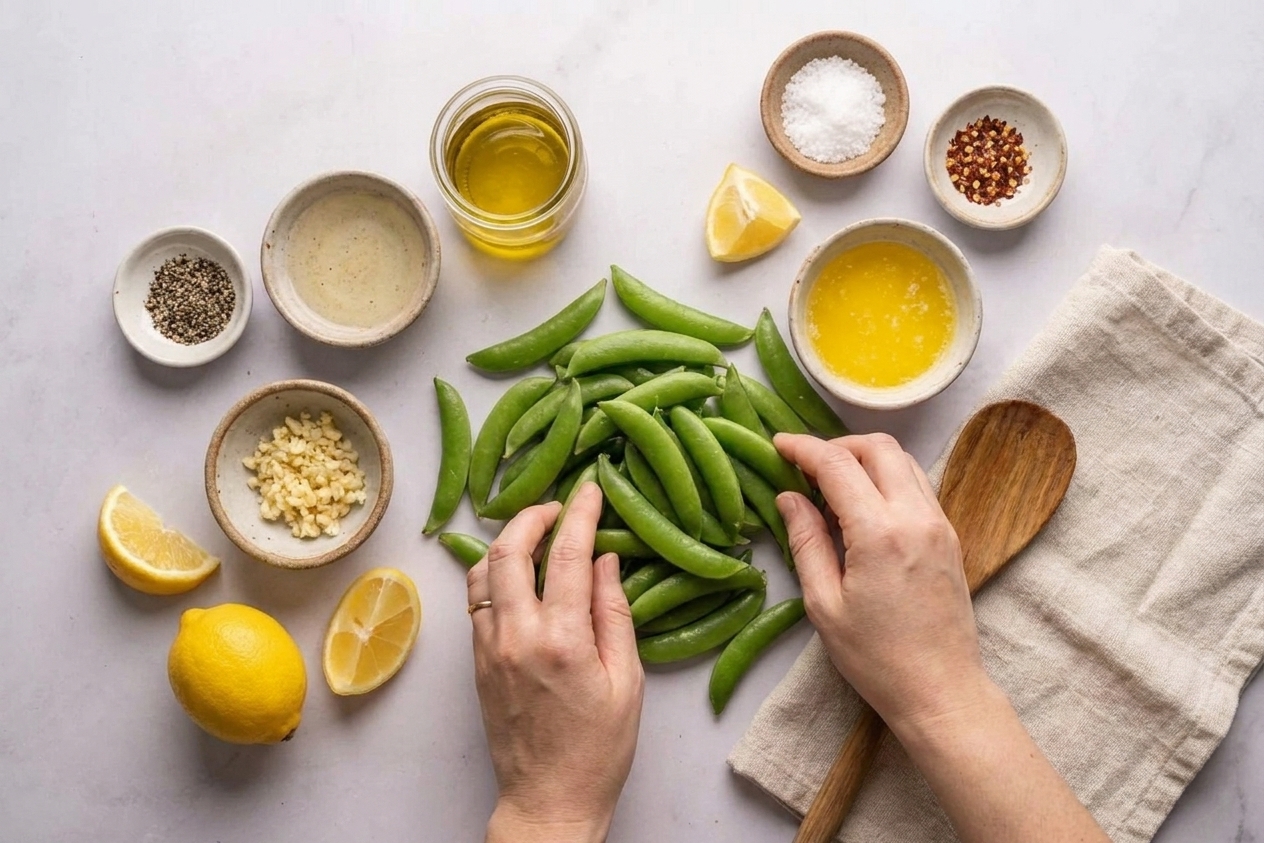 Measured ingredients for garlic butter sugar snap peas including snap peas, butter, olive oil, minced garlic, lemon, salt, pepper, and red pepper flakes arranged on a kitchen counter