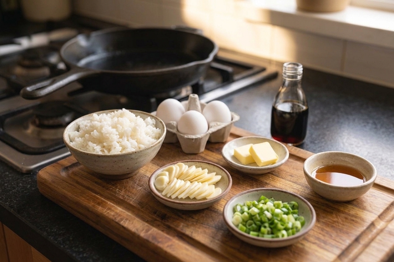 Measured ingredients for garlic fried rice on a kitchen counter, including cooked rice, sliced garlic, scallions, soy sauce, butter, eggs, and a small bowl of sesame oil