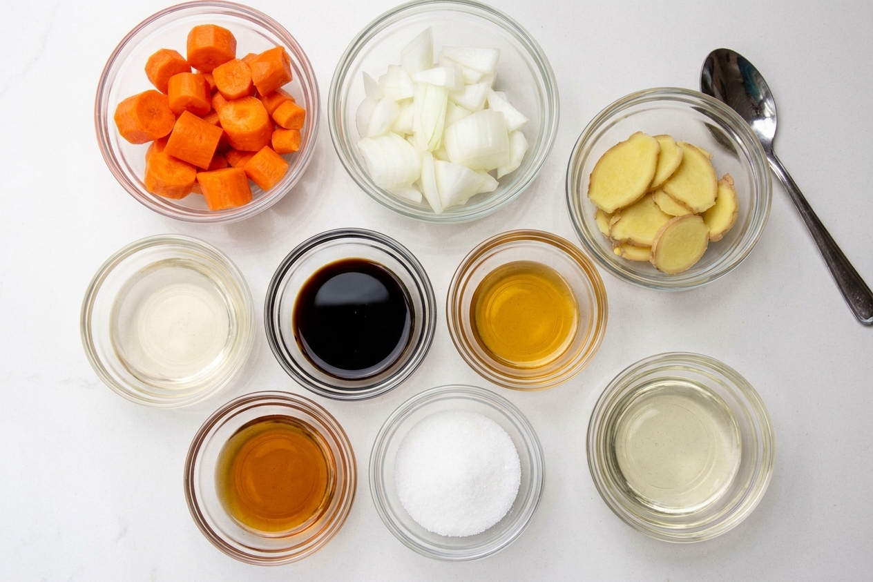 Measured ingredients for ginger dressing including chopped onion, chopped carrot, sliced fresh ginger, rice vinegar, soy sauce, sesame oil, sugar, and neutral oil on a tidy kitchen counter