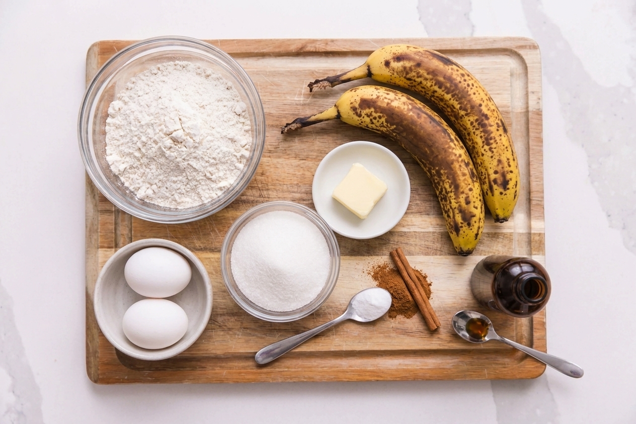 Measured ingredients for gluten-free banana bread including ripe bananas, gluten-free flour blend, sugar, eggs, butter, baking soda, cinnamon, and vanilla arranged on a light kitchen counter