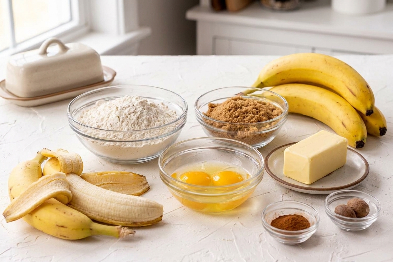Measured ingredients for gluten free banana loaf on a kitchen counter including ripe bananas, flour, sugar, eggs, butter, and spices