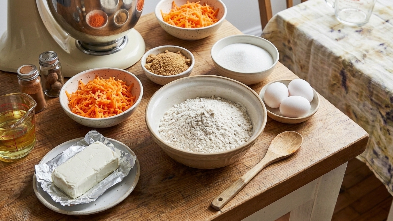 Measured ingredients for gluten free carrot cake on a bright kitchen counter, including shredded carrots, eggs, oil, sugar, gluten free flour blend, spices, and cream cheese