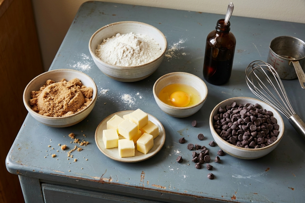 Measured ingredients for gluten free chocolate chip cookies including gluten free flour, brown sugar, butter, egg, vanilla, and chocolate chips arranged on a clean kitchen counter