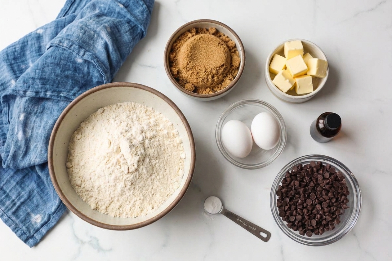 Measured ingredients for gluten-free cookies on a kitchen counter including gluten-free flour blend, brown sugar, butter, eggs, vanilla, chocolate chips, and baking soda in small bowls