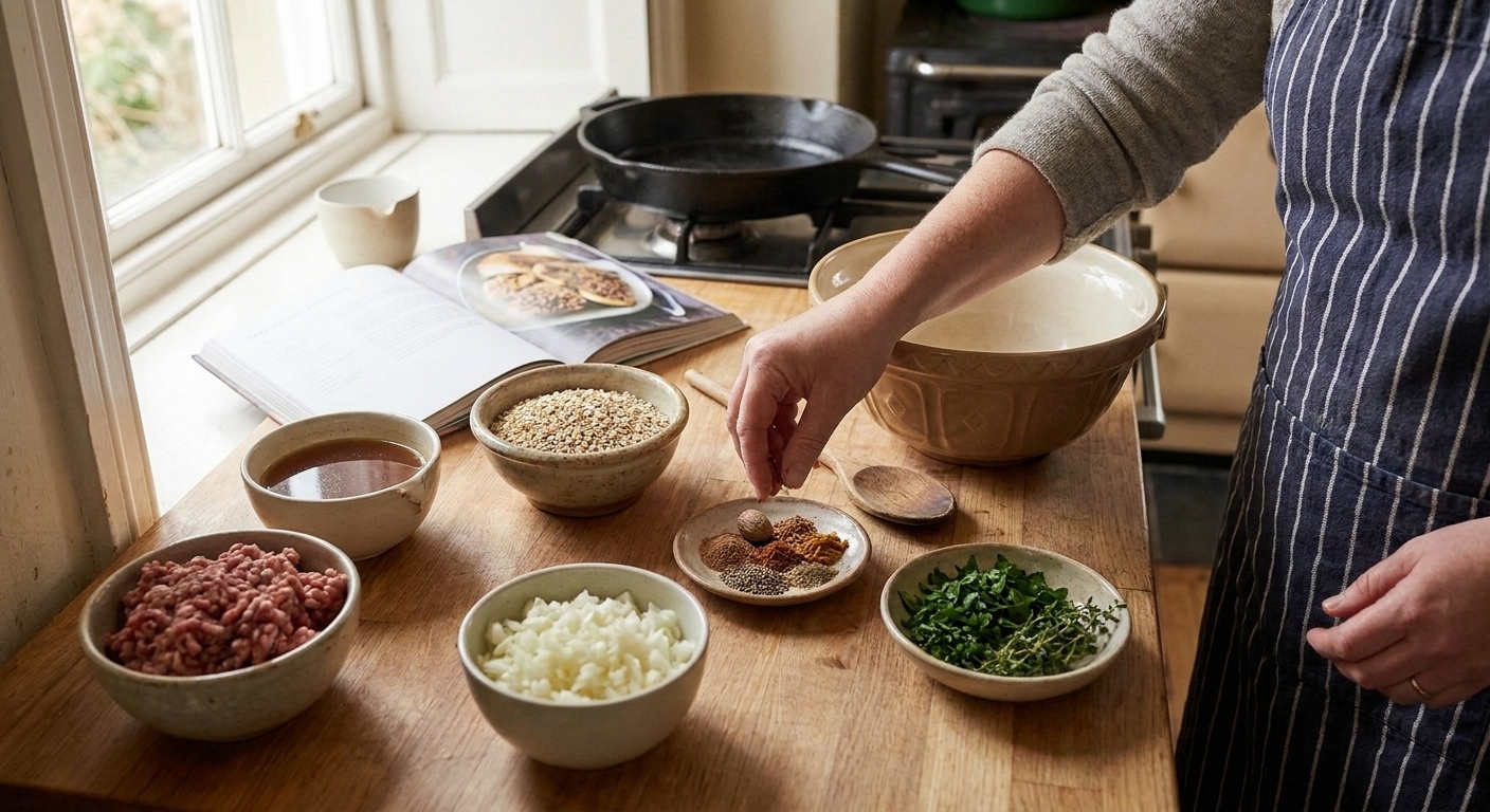 Measured ingredients for haggis on a kitchen counter: ground lamb, steel cut oats or pinhead oats, chopped onion, beef stock, spices, and fresh herbs in small bowls