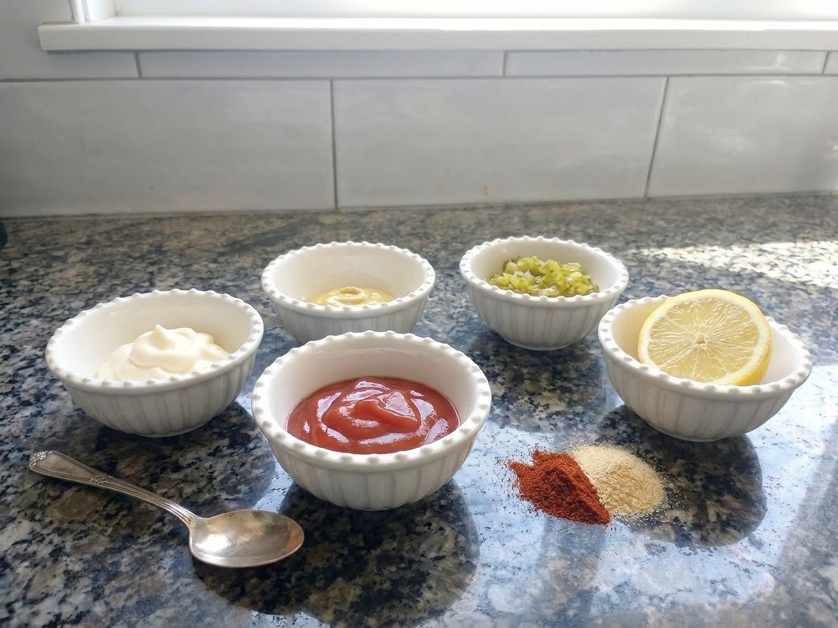 Measured ingredients for hamburger sauce on a bright kitchen counter including mayonnaise, ketchup, mustard, pickle relish, spices, and a lemon half in small bowls