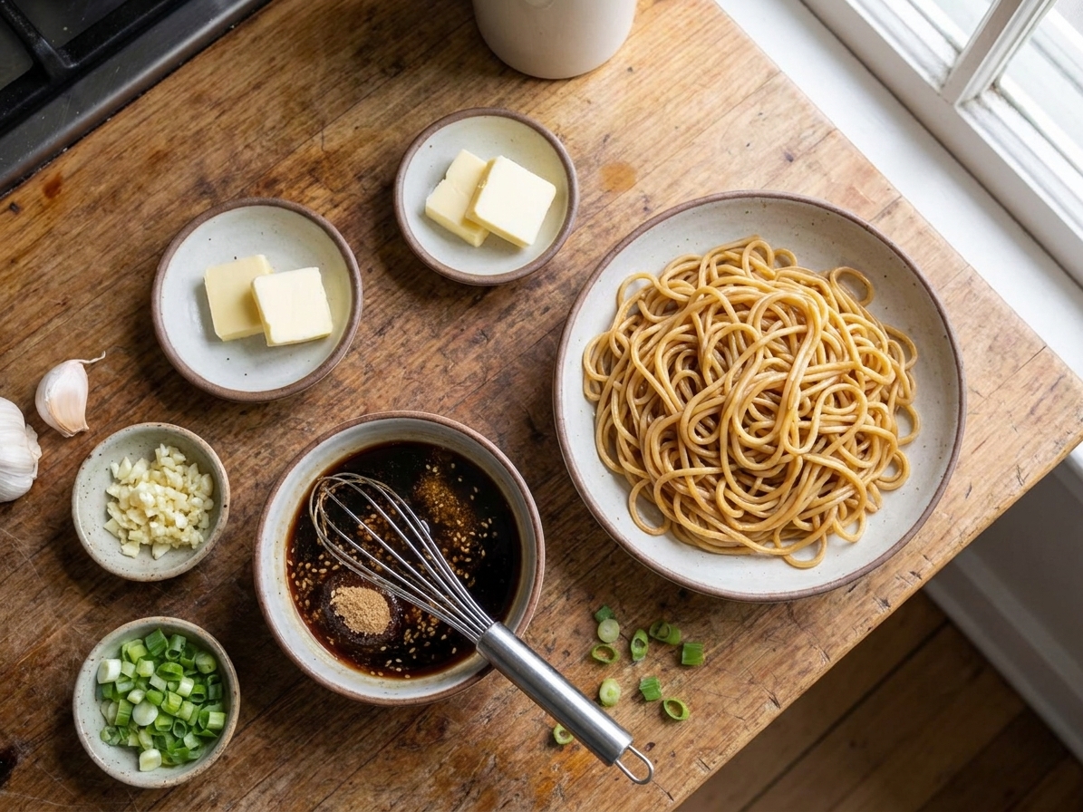 Measured ingredients for hibachi noodles on a wooden counter, including cooked noodles, soy sauce, butter, garlic, brown sugar, sesame oil, and sliced green onions