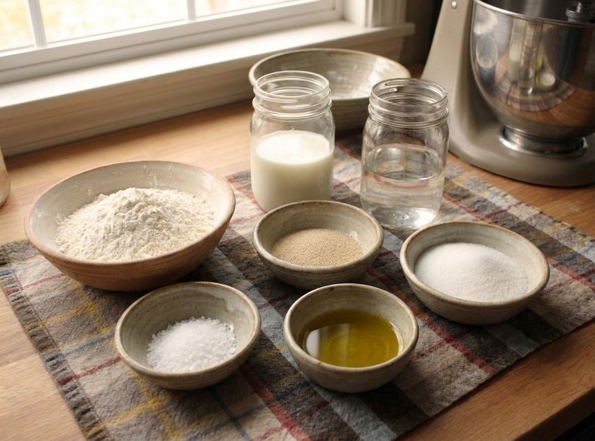 Measured ingredients for hoagie rolls on a kitchen counter including bread flour, yeast, sugar, milk, water, olive oil, and salt in small bowls