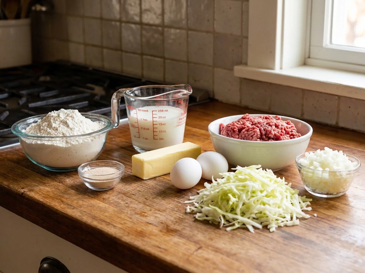 Measured ingredients for homemade Runzas on a kitchen counter, including flour, yeast, milk, butter, eggs, ground beef, shredded cabbage, and diced onion