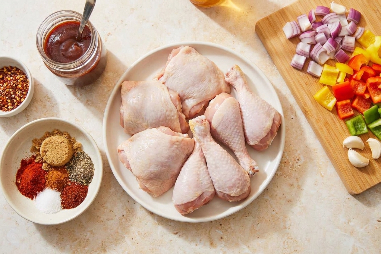 Measured ingredients for homemade barbecue sauce and raw chicken arranged on a clean kitchen counter with warm lighting