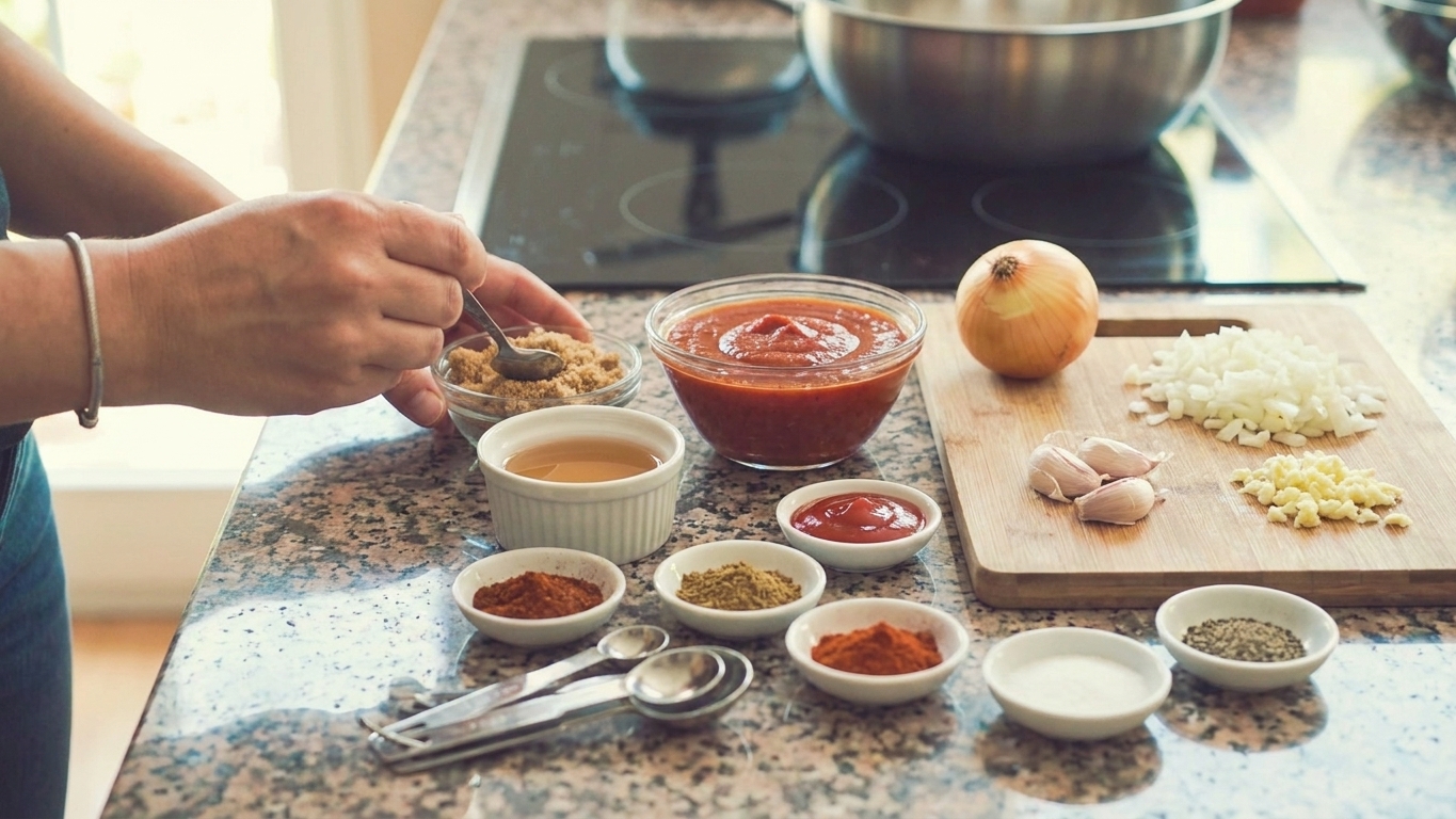 Measured ingredients for homemade chili sauce arranged neatly on a light kitchen counter, including tomato sauce, vinegar, brown sugar, onion, garlic, ketchup, and spices