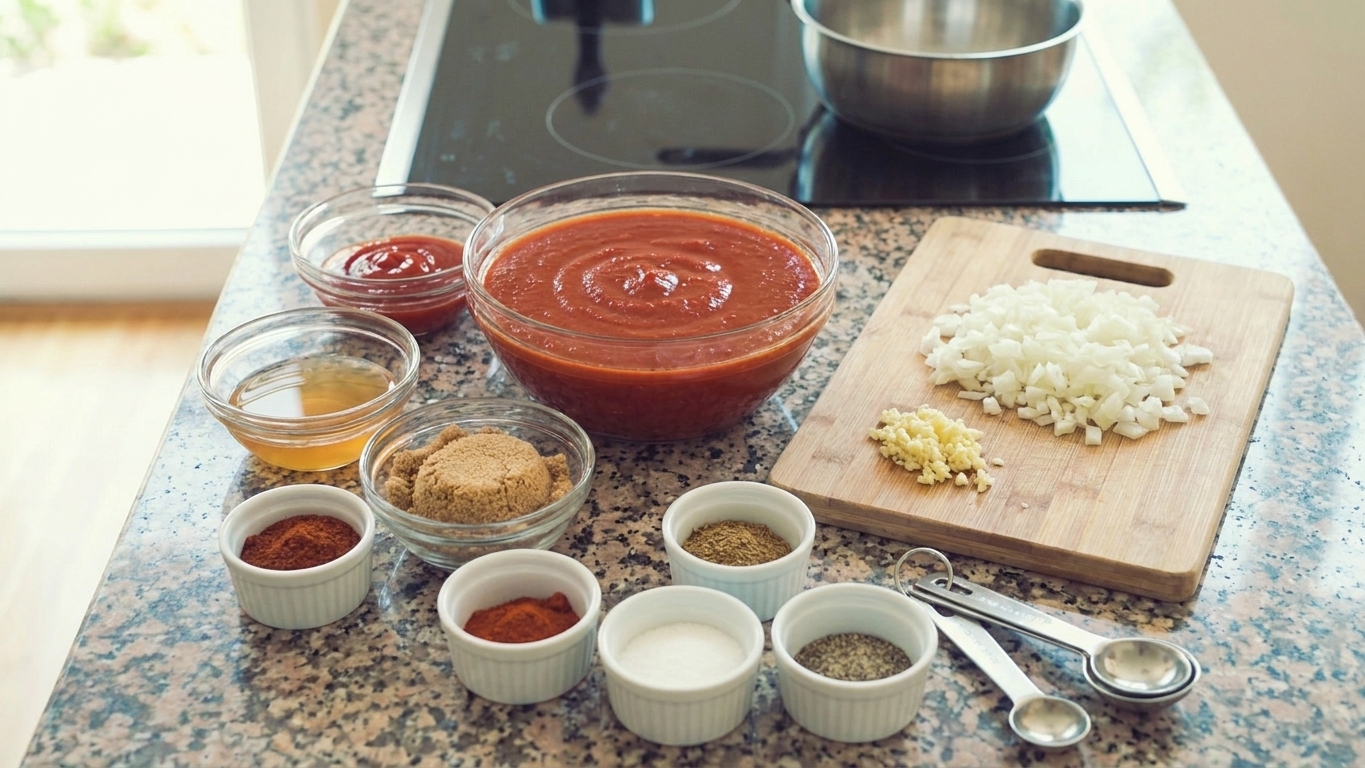 Measured ingredients for homemade chili sauce on a light kitchen counter, including tomato sauce, ketchup, vinegar, brown sugar, chopped onion, minced garlic, and small bowls of spices