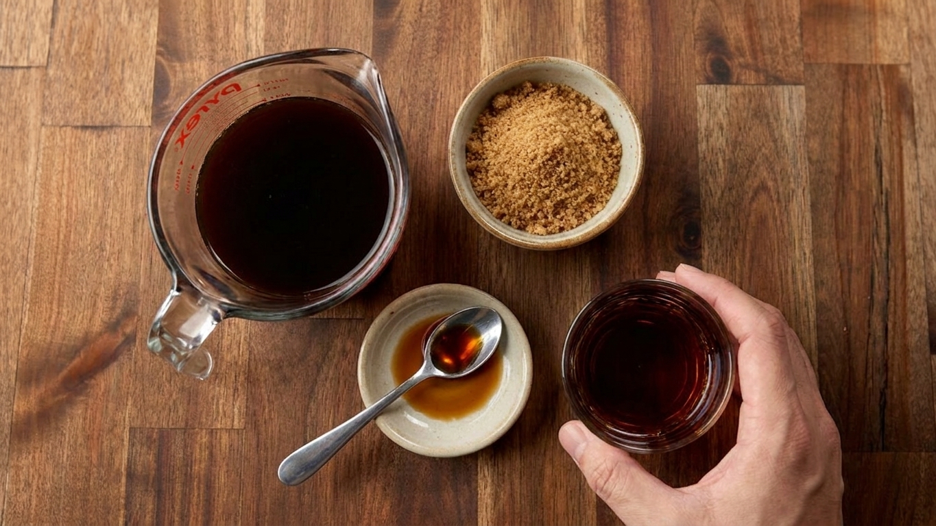 Measured ingredients for homemade coffee liqueur including strong brewed coffee, brown sugar, vanilla extract, and dark rum arranged on a tidy kitchen counter