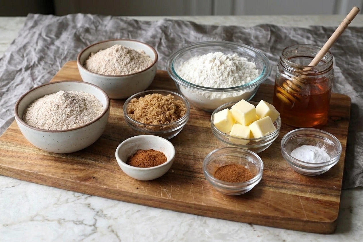 Measured ingredients for homemade graham wafers on a kitchen counter, including flour, brown sugar, honey, butter, cinnamon, and baking soda in small bowls