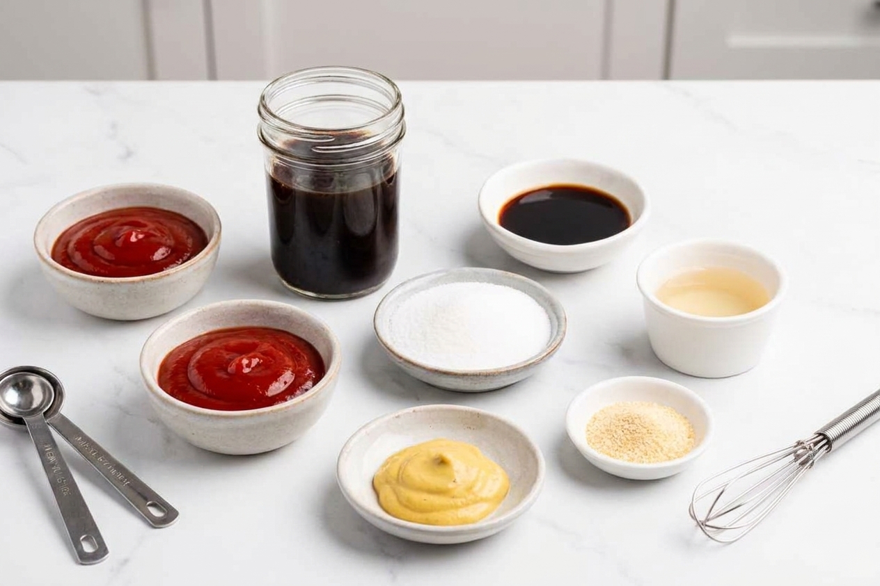 Measured ingredients for homemade tonkatsu sauce arranged on a clean kitchen counter: ketchup, Worcestershire sauce, soy sauce, sugar, rice vinegar, Dijon mustard, and garlic powder