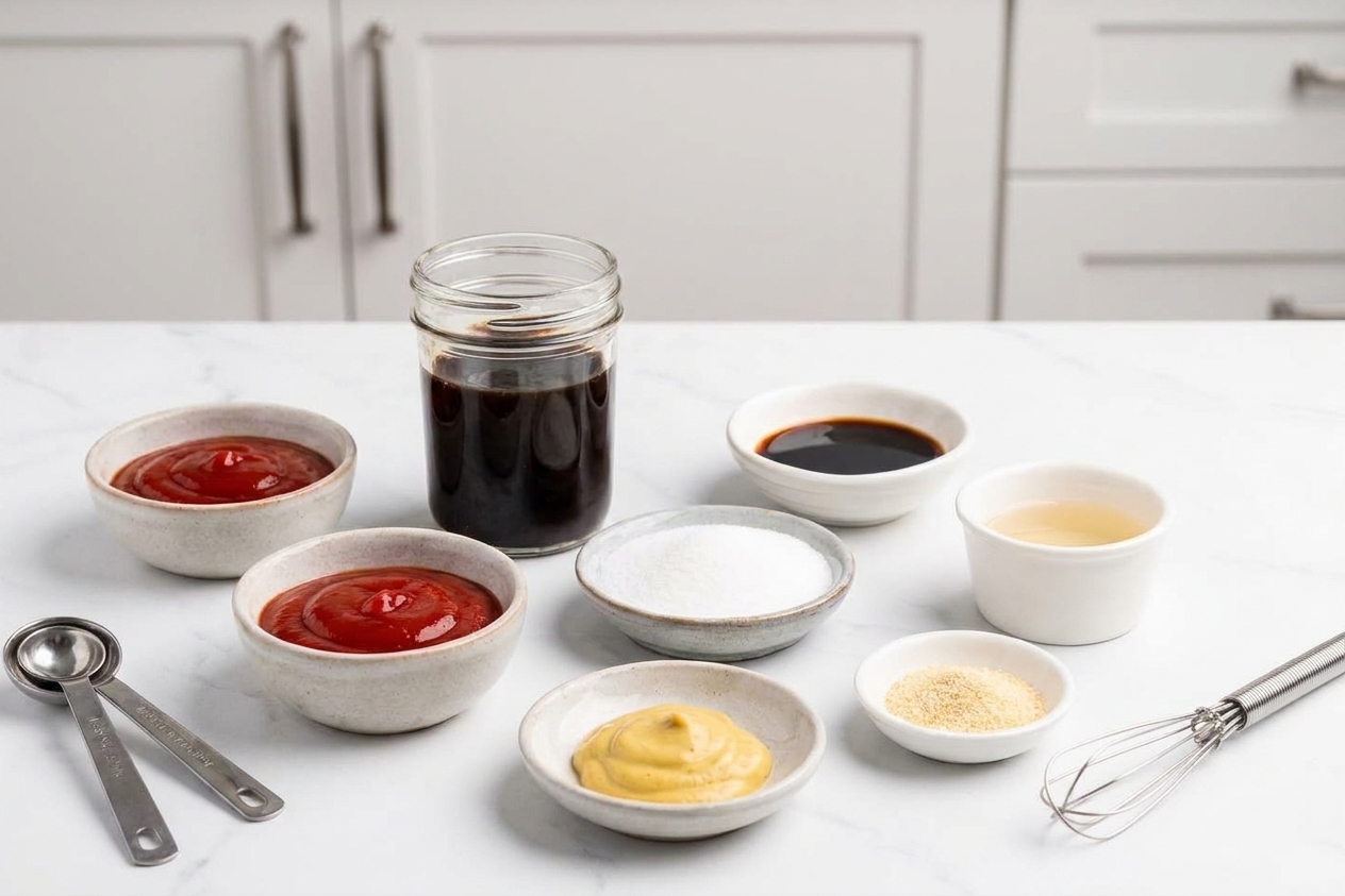 Measured ingredients for homemade tonkatsu sauce arranged on a clean kitchen counter: ketchup, Worcestershire sauce, soy sauce, sugar, rice vinegar, Dijon mustard, and garlic powder