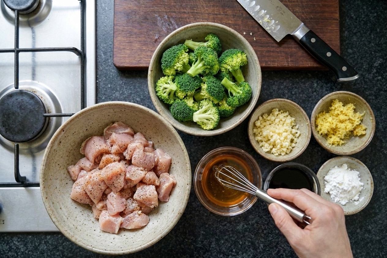 Measured ingredients for honey garlic chicken bowls on a clean kitchen counter, including diced chicken, broccoli florets, honey, soy sauce, garlic, ginger, and cornstarch