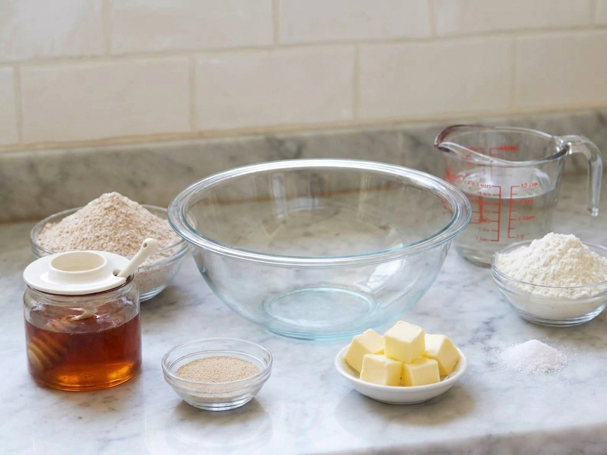 Measured ingredients for honey wheat bread including whole wheat flour, bread flour, honey, yeast, butter, salt, and warm water arranged on a clean kitchen counter with a mixing bowl