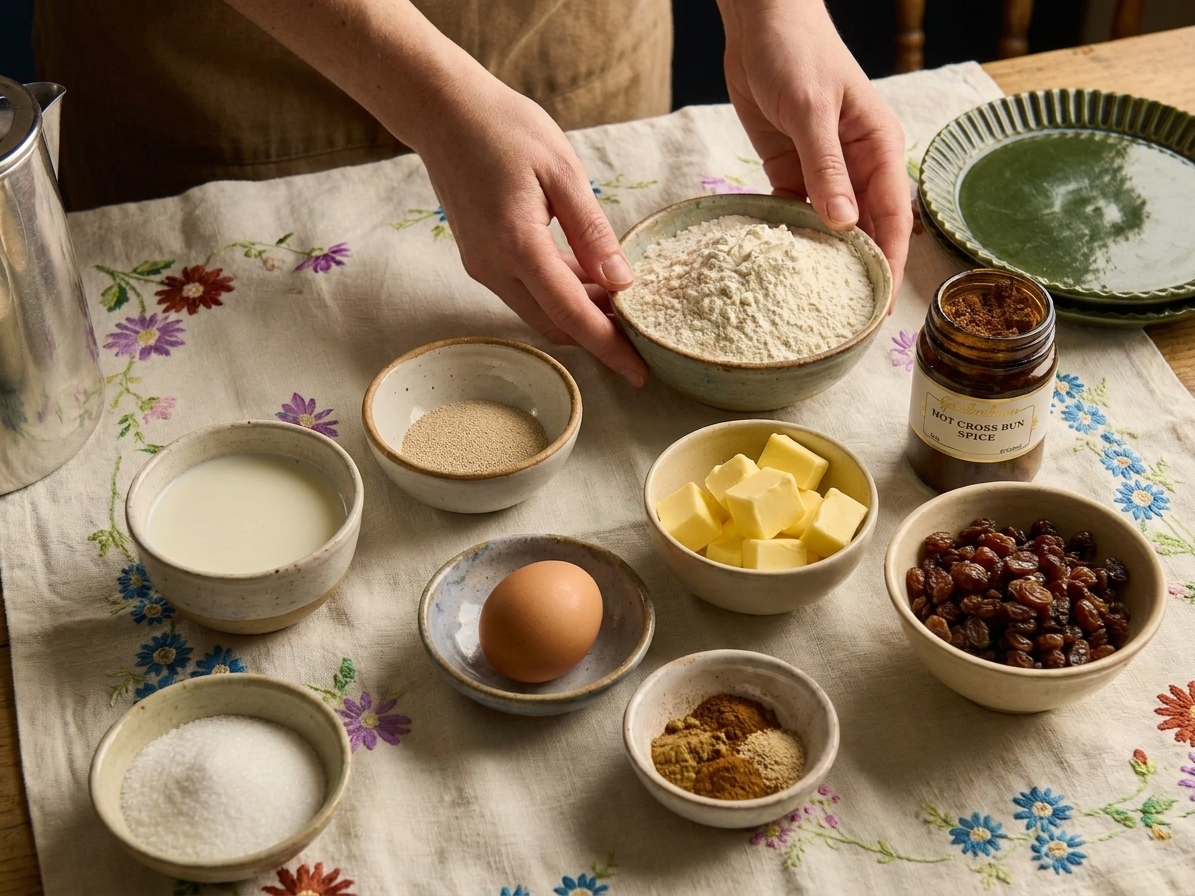 Measured ingredients for hot cross buns on a kitchen counter, including flour, milk, yeast, sugar, butter, egg, spices, and raisins in small bowls