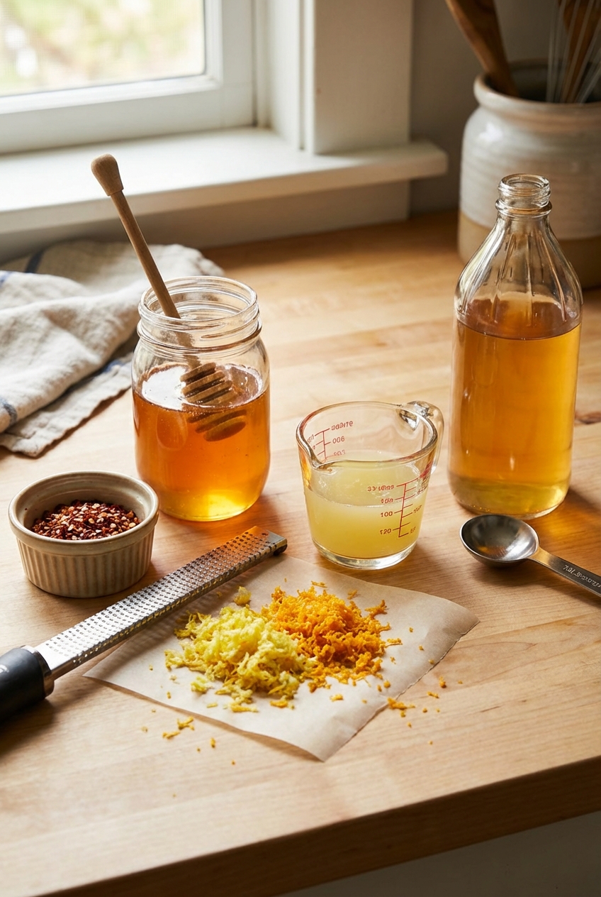 Measured ingredients for hot honey including honey, red pepper flakes, citrus zest, lemon juice, and apple cider vinegar on a countertop