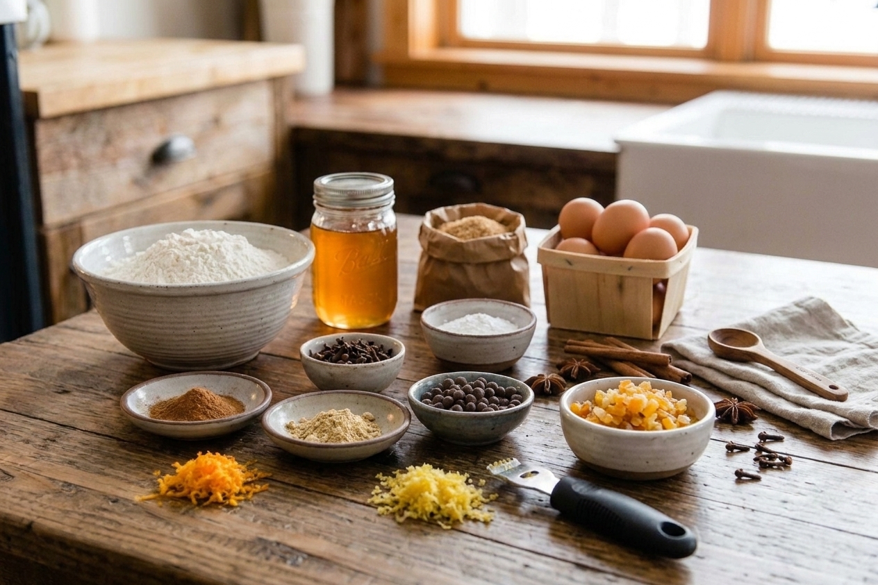 Measured ingredients for lebkuchen on a light kitchen counter, including flour, honey, brown sugar, eggs, baking powder, spices, citrus zest, and a small bowl of chopped candied peel