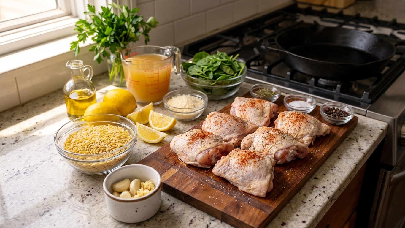 Measured ingredients for lemon garlic chicken and orzo including chicken thighs, orzo pasta, lemons, garlic, chicken broth, spinach, Parmesan, olive oil, and spices arranged on a tidy kitchen counter