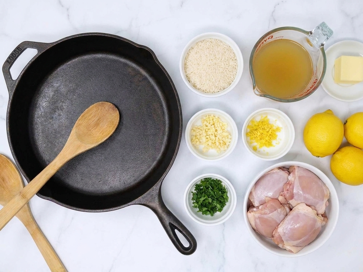 Measured ingredients for lemon garlic chicken and rice on a kitchen counter including chicken thighs, rice, lemons, garlic, chicken broth, butter, and herbs