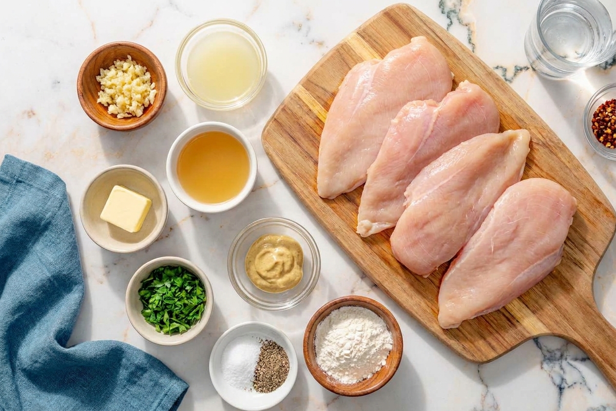 Measured ingredients for lemon garlic chicken including chicken cutlets, minced garlic, lemon juice, butter, chicken broth, Dijon mustard, parsley, salt, pepper, and flour in small bowls on a counter