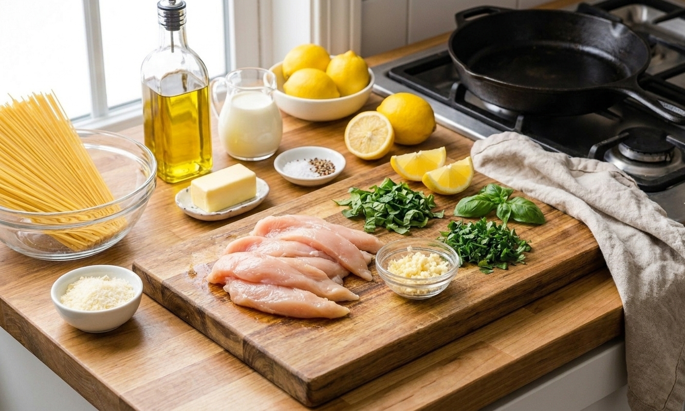 Measured ingredients for lemon herb chicken pasta arranged on a clean kitchen counter: pasta, chicken, lemons, garlic, cream, parmesan, butter, olive oil, and fresh herbs