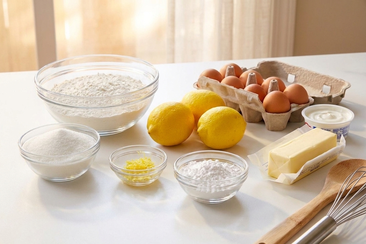 Measured ingredients for lemon loaf including flour, sugar, lemons, eggs, butter, sour cream, and powdered sugar arranged neatly on a kitchen counter