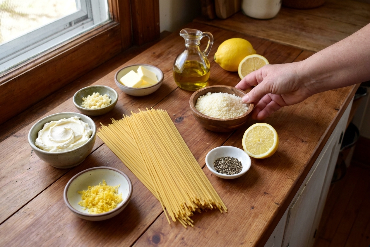 Measured ingredients for lemon mascarpone pasta on a wooden counter: spaghetti, mascarpone, lemon, garlic, butter, olive oil, finely grated Parmesan, and black pepper in small bowls