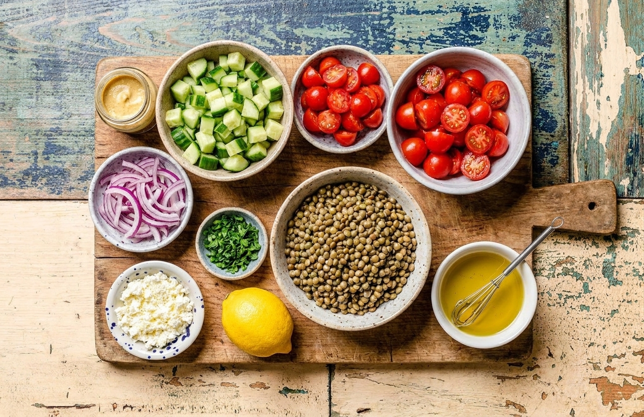 Measured ingredients for lentil salad including cooked green lentils, diced cucumber, halved cherry tomatoes, sliced red onion, chopped parsley, crumbled feta, lemon, olive oil, and Dijon mustard laid out on a wooden cutting board