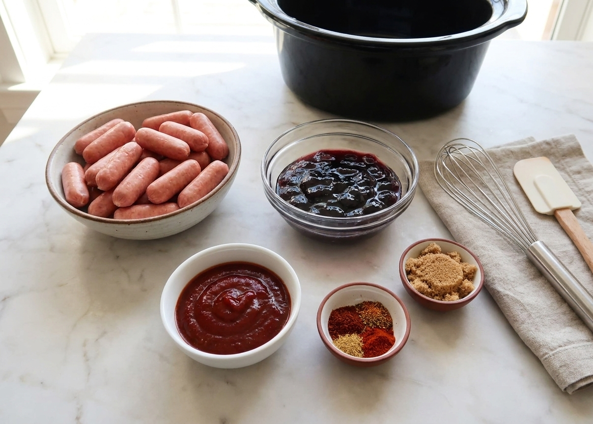 Measured ingredients for little weenies with grape jelly including cocktail sausages, grape jelly, chili sauce, and seasonings arranged on a light kitchen counter