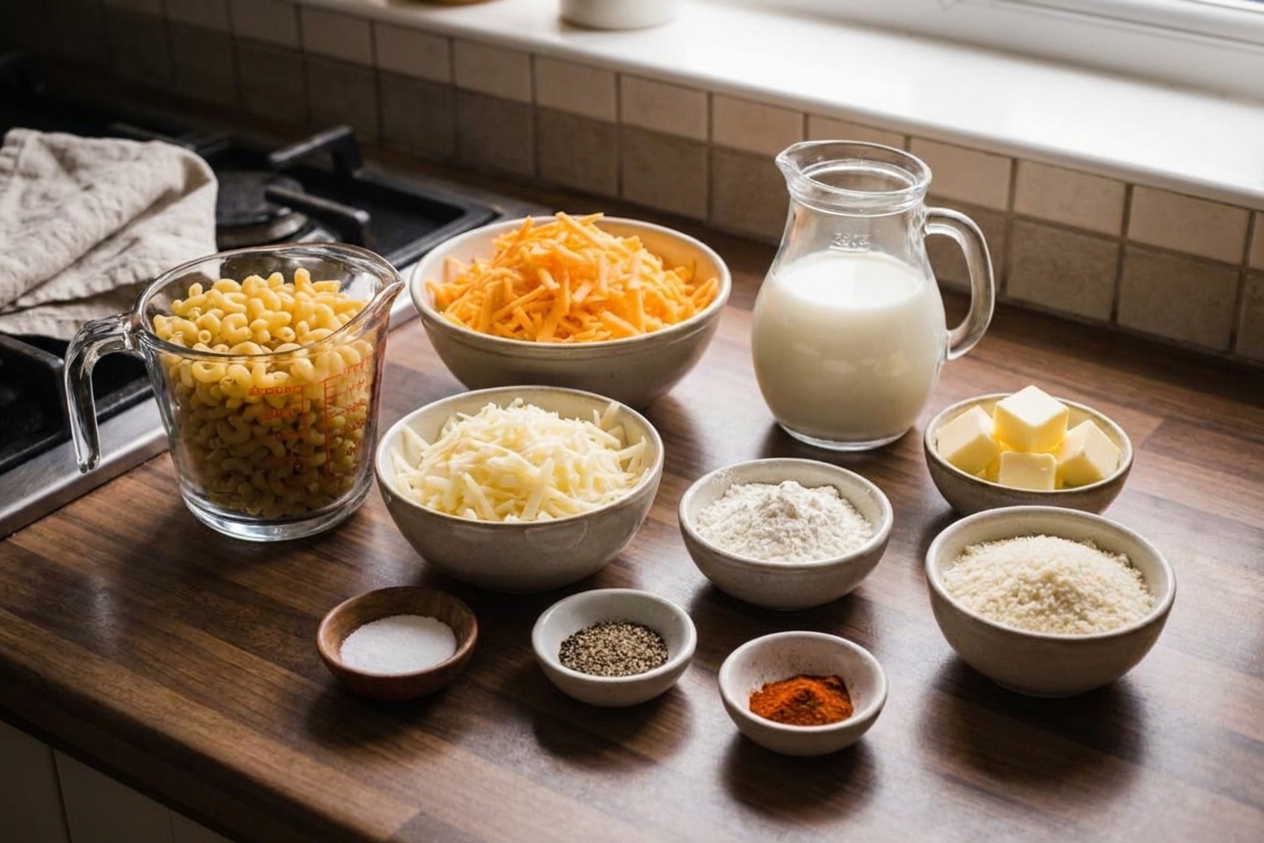 Measured ingredients for mac and cheese including elbow pasta, shredded cheeses, milk, butter, flour, spices, and panko on a bright kitchen counter
