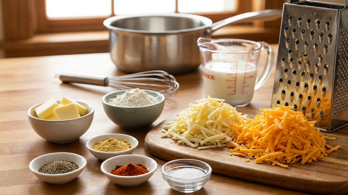 Measured ingredients for mac and cheese sauce on a kitchen counter, including shredded cheddar, shredded Monterey Jack, butter, flour, milk, mustard, and spices