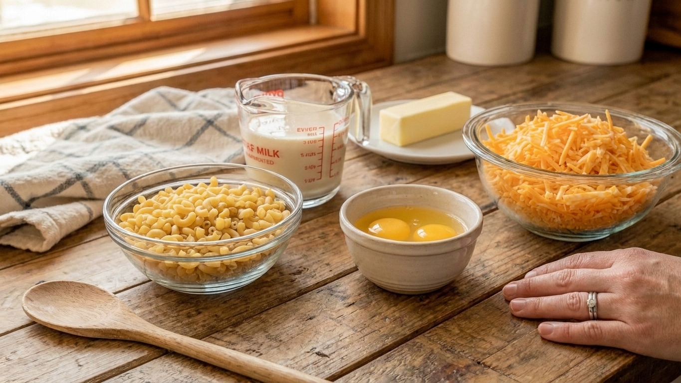 Measured ingredients for macaroni and cheese like shredded cheddar, evaporated milk, eggs, butter, and uncooked elbow macaroni laid out on a bright kitchen counter