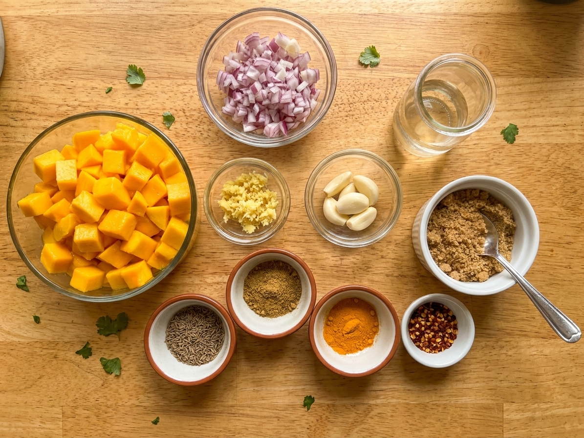Measured ingredients for mango chutney on a kitchen counter, including diced mango, chopped onion, grated ginger, garlic, vinegar, sugar, and small bowls of spices