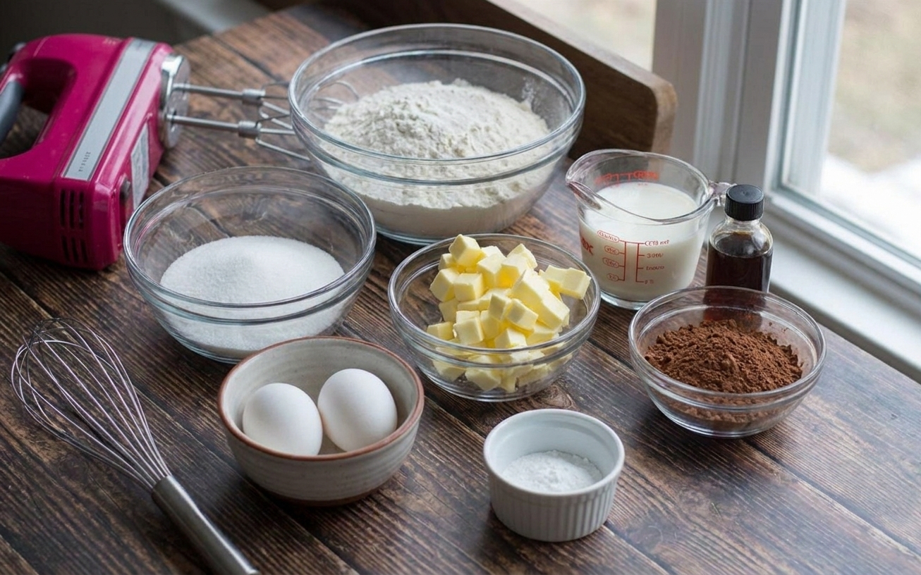Measured ingredients for marble cake arranged on a clean kitchen counter, including flour, sugar, cocoa powder, butter, eggs, milk, vanilla, and baking powder