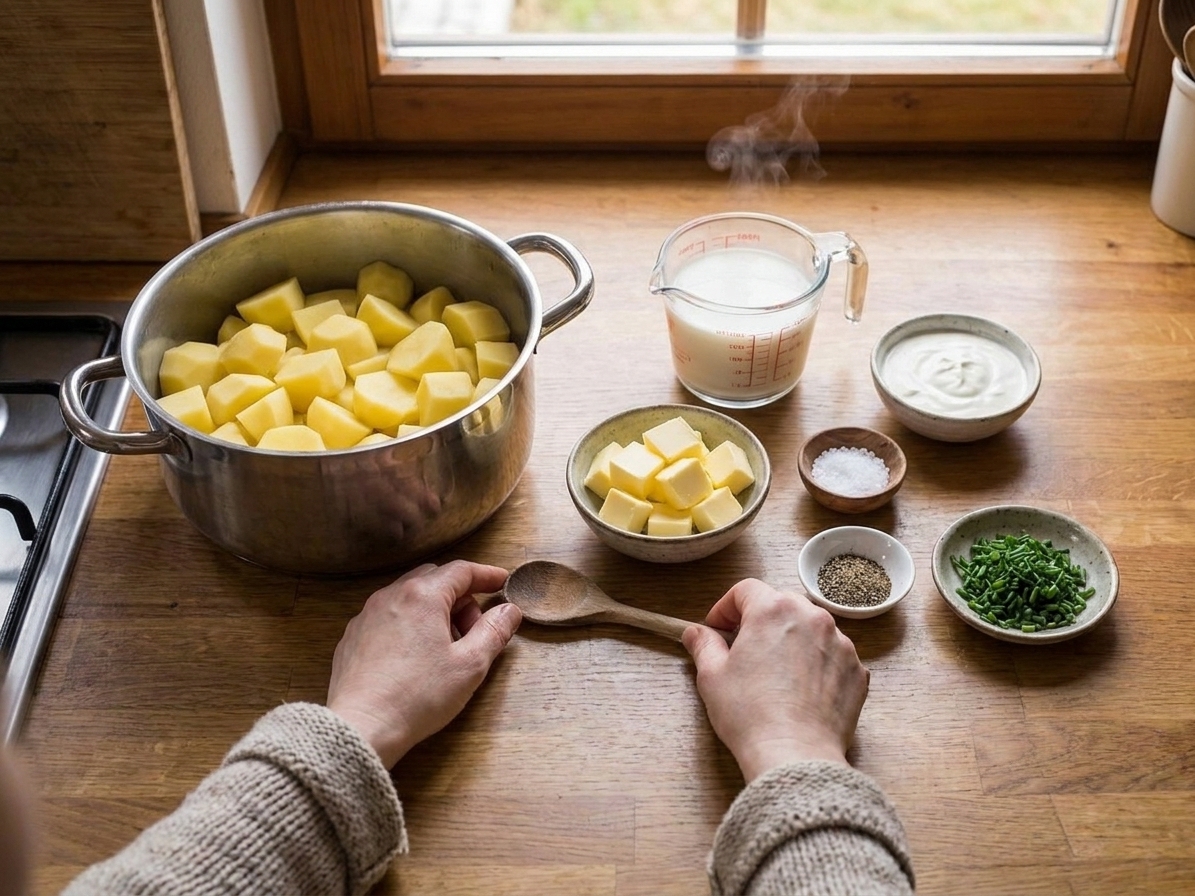 Measured ingredients for mashed potatoes including potatoes, butter, warm milk, sour cream, salt, pepper, and chives arranged on a kitchen counter